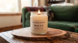 Luxury scented wood wick candle in a glass jar, reflecting warm, ambient evening light.