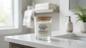 Minimalist glass jar candle with an airtight lid for home decor. (Bougie minimaliste en pot de verre avec couvercle hermétique pour la décoration intérieure.)