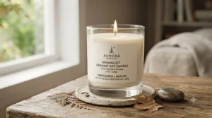 Minimalist glass jar featuring organic soy candle.