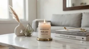 Minimalist home decor featuring best wood wick candles on a white marble tabletop.