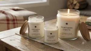 Close-up of clean-burning natural soy best jar candles with wooden lids.