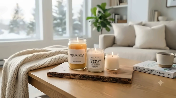 Hand-poured soy wax and beeswax non-toxic candles for allergies on a wooden tray, creating a clean-air, hypoallergenic home atmosphere in a Canadian living room.
