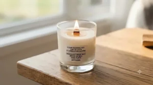Non-toxic scented candle creating a cozy living room atmosphere. (Bougie parfumée non toxique créant une ambiance chaleureuse au salon.)
