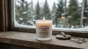 Pine scented candle evoking a cozy Canadian cottage winter forest. (Bougie parfumée au pin évoquant une forêt hivernale de chalet canadien.)