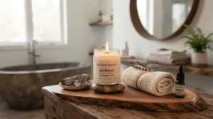 Relaxing atmosphere with wood wick candles, creating a spa-like retreat at home.