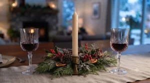 Seasonal taper candles for dinner table, styling a cozy winter dinner setting.