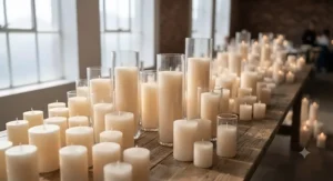 Assorted sizes of pillar candles sold in bulk sets. / Assortiment de bougies piliers vendues en ensembles en gros.