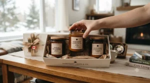 Hand-poured soy wax candle gift sets in glass jars with minimalist packaging.