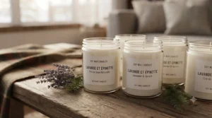 Natural soy wax long lasting candles in glass jars. / Bougies longue durée en cire de soya naturel dans des pots en verre.