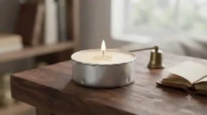 Close-up of a single long burning tea light glowing brightly.
