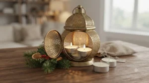 Long burning tea lights arranged for festive holiday table decor.