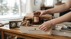 Close-up of a customer unboxing a curated candle gift set with decorative tissue paper.