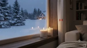 Warm candlelight glowing from smokeless candles against a backdrop of a Canadian winter windowpane.