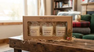 Beautifully packaged gift set of best wood wick candles for any Canadian occasion.