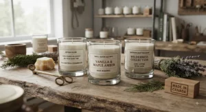 Close-up view of small-batch artisan candles that last a month, emphasizing superior craftsmanship and Canadian-made excellence.