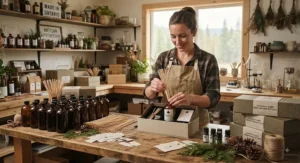 An illustration of an artisan hand-crafting Canadian made reed diffuser gift sets in a local studio.