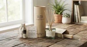 Sustainable packaging and eco-friendly components of a top-rated best reed diffuser displayed on a rustic wooden surface.