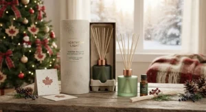 A winter-themed holiday gift set featuring the best reed diffuser, packaged sustainably for seasonal Canadian gifting.
