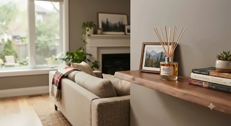 A sleek glass bottle chosen as the best reed diffuser, placed on a modern wooden shelf in a cozy Canadian living room.