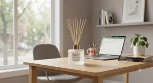 A modern minimalist best reed diffuser providing continuous, subtle fragrance for a bright home office workspace.