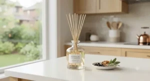 Pure botanical oils inside the best reed diffuser sitting neatly on a clean kitchen counter for subtle scent diffusion.