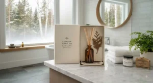 A serene Canadian bathroom scene showcasing a relaxing Canadian made reed diffuser gift set on a marble counter.