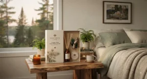 Softly lit illustration of a bedroom side table featuring soothing Canadian made reed diffuser gift sets.