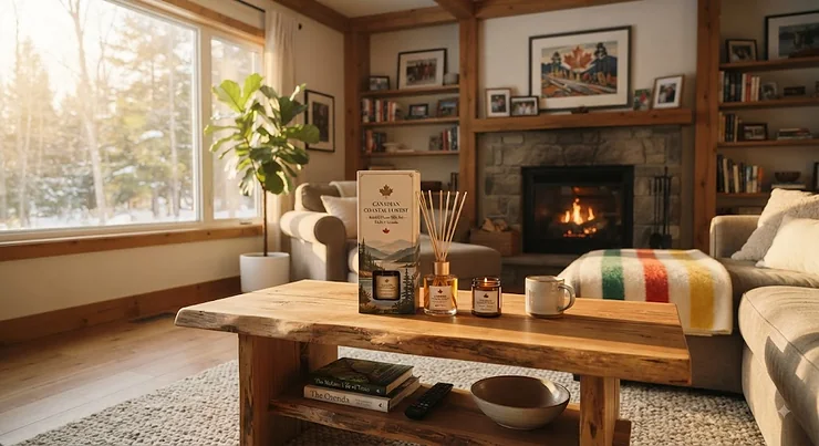 Illustrated cozy Canadian living room featuring a Canadian made reed diffuser gift set on a wooden coffee table.