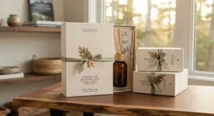 Artistic rendering of beautifully packaged Canadian made reed diffuser gift sets with minimalist ribbon detail.