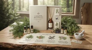 An educational graphic displaying natural essential oils used in premium Canadian made reed diffuser gift sets.