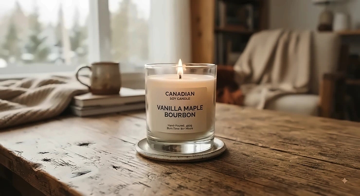 A high-quality hand-poured soy candle on a rustic wooden table, representing candles that last a month for Canadian homes.