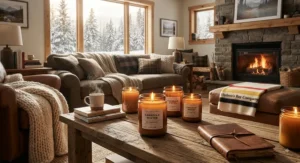 A warm, cozy living room scene featuring long-burning candles that last a month, perfect for chilly Canadian winters.