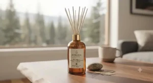 An eco-friendly glass bottle for a long lasting reed diffuser designed for sustainable Canadian homes.