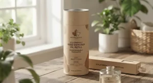 Sustainable packaging for eco-friendly reed diffuser oil refills sold in Canada.