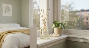 Freshly scented reed diffuser catching soft morning light on a windowsill in a cozy urban bedroom.