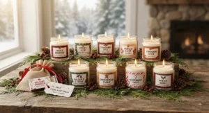 Holiday-themed small candles for gifts, ideal for winter celebrations and stocking stuffers in Canada.