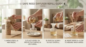 Step-by-step illustration showing how to safely use reed diffuser oil refills at home.