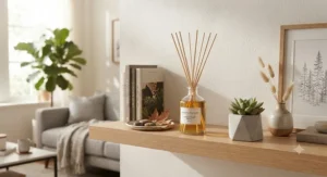 Modern Canadian living room shelf styled with a long-lasting reed diffuser oil refill setup.
