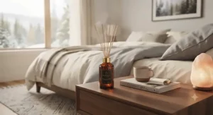 A relaxing bedroom setup featuring a long lasting reed diffuser on a nightstand providing continuous fragrance.