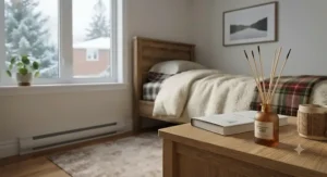 Subtle, long-lasting reed diffuser infusing a gentle fragrance into a small Canadian home bedroom during winter.