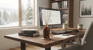 A productive home office desk styled with a subtle long lasting reed diffuser for aromatherapy.
