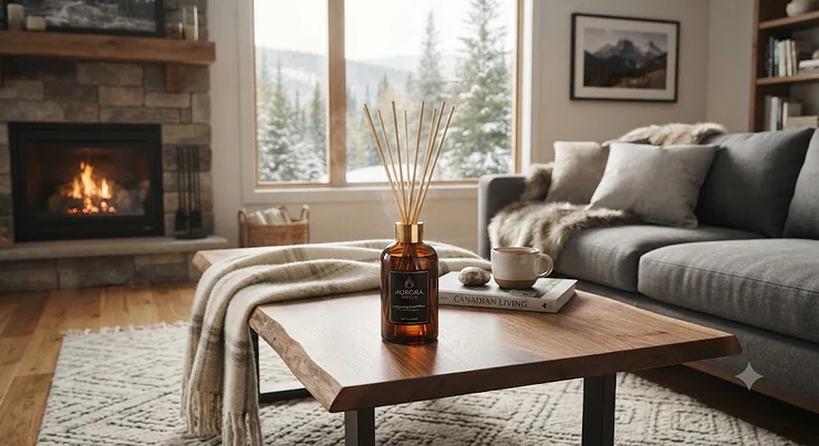 A long lasting reed diffuser sitting on a modern wooden coffee table in a cozy Canadian living room.