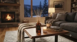 A long lasting reed diffuser diffusing warm seasonal aromas during a chilly Canadian winter evening.