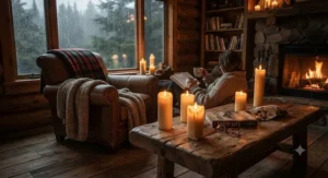 Cozy rustic cabin interior illuminated by the soft amber glow of longest burning candles during a rainy cottage weekend.