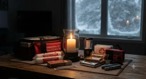 Emergency preparedness kit featuring longest burning candles and matches ready for a Canadian winter storm power outage.