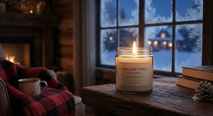 A hand-poured soy wax longest burning candle glowing warmly during a cold Canadian winter evening.