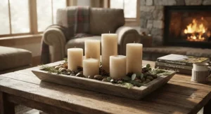 Unscented longest burning pillar candles arranged in a rustic wooden tray on a Canadian living room coffee table.