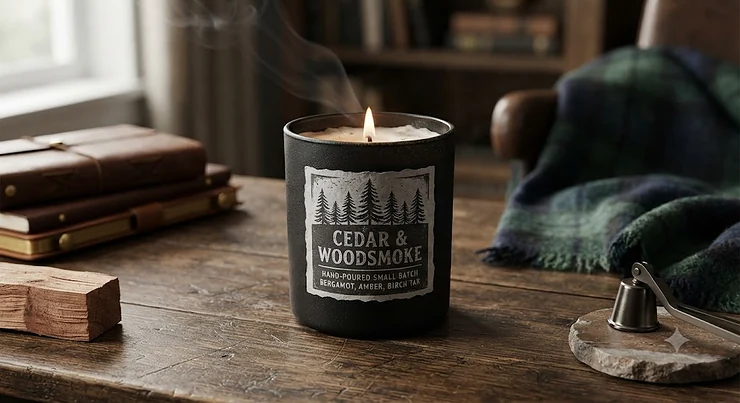 A rustic masculine scented candle featuring cedar and woodsmoke notes on a wooden table.
