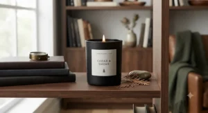 A masculine scented candle styled on a modern bookshelf to enhance living room decor.