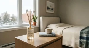 Clean-label Canadian-made reed diffuser designed with minimalist aesthetic for small bedroom air freshening.